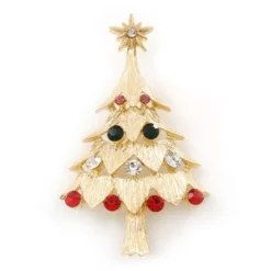 Red, Green, Clear, Pink Austrian Crystals Christmas Tree Brooch In Gold Plating - 60mm Length