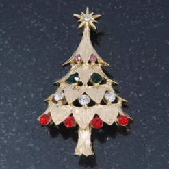 Red, Green, Clear, Pink Austrian Crystals Christmas Tree Brooch In Gold Plating - 60mm Length -J Crew Favour 6 237