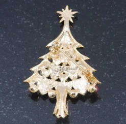 Red, Green, Clear, Pink Austrian Crystals Christmas Tree Brooch In Gold Plating - 60mm Length -J Crew Favour 6 239