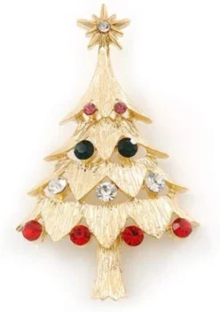 Red, Green, Clear, Pink Austrian Crystals Christmas Tree Brooch In Gold Plating - 60mm Length -J Crew Favour 6 243