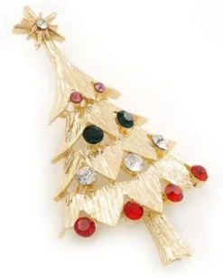 Red, Green, Clear, Pink Austrian Crystals Christmas Tree Brooch In Gold Plating - 60mm Length -J Crew Favour 6 244