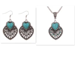 Yazilind Jewellery Christmas Gift Tibetan Silver Turquoise Heart Shape Rimous Necklace Earrings Set For Women