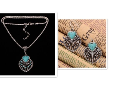 Yazilind Jewellery Christmas Gift Tibetan Silver Turquoise Heart Shape Rimous Necklace Earrings Set For Women 2 Yazilind Jewellery Christmas Gift Tibetan Silver Turquoise Heart Shape Rimous Necklace Earrings Set For Women - Image 2
