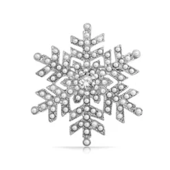 Bling Jewellery Christmas Holiday White Simulated Pearl Crystal Snowflake Brooch Pin For Women Rhodium Plated