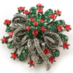 Antique Vintage Design Christmas Wreath Flower Brooch Pin For Pendant Necklace Red Green Crystals Christmas Jewellery