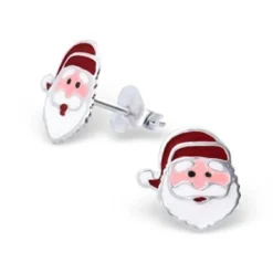 Cute Sterling Silver & Enamel Santa Claus Christmas Stud Earrings