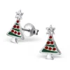 Sterling Silver Green & Red Christmas Tree Stud Earrings