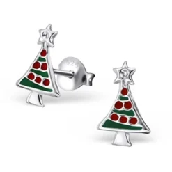 Sterling Silver Green & Red Christmas Tree Stud Earrings