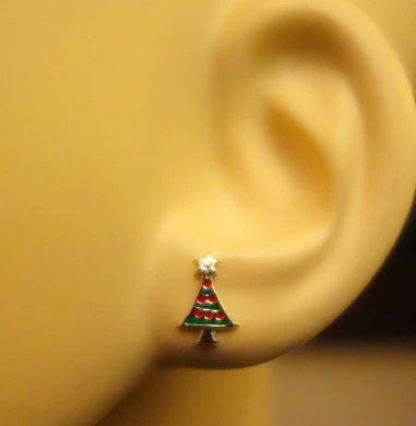 Sterling Silver Green & Red Christmas Tree Stud Earrings 2 Sterling Silver Green & Red Christmas Tree Stud Earrings - Image 2
