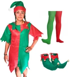 Ladies Adult Elf Costume Christmas Fancy Dress Green And Red Santa Little Helper