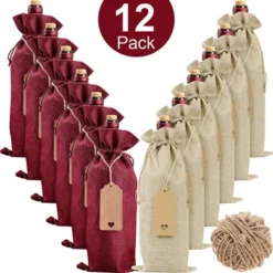 Burlap Wine Bags Wine Gift Bags, 12 Pcs Wine Bottle Bags With Drawstrings, Tags & Ropes, Reusable Wine Bottle Covers For Christmas, Wedding, Birthday, Travel, Holiday Party, Housewarming, Home Storage