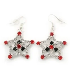 Red/Green/White Crystal 'Christmas Star' Drop Earrings In Silver Plating - 5cm Length