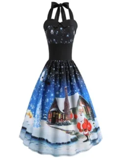 Toamen Womens Christmas Dress Vintage Sleeveless Xmas Santa Snowflake Elk Print Skater Swing Evening Party Dress Elegant A-line Dress
