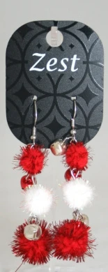 Zest Christmas Red Tinsel Jingle Bells Dangly Earrings For Pierced Ears