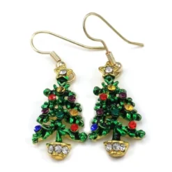 Happy Colourful Christmas Tree Hoop Dangle Earrings Gold Tone Xmas Jewellery
