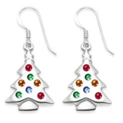 Sterling Silver Muti Coloured Cubic Zirconia Silver Christmas Tree Earrings In Xmas Gift Box B43 - SIZE: 23mm X 16mm. 04711.
