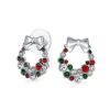 Holiday Christmas Bow Red Green White Crystal Wreath Stud Earrings For Women For Teen Crystal Silver Plated Brass