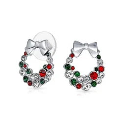Holiday Christmas Bow Red Green White Crystal Wreath Stud Earrings For Women For Teen Crystal Silver Plated Brass