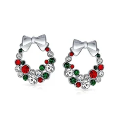 Holiday Christmas Bow Red Green White Crystal Wreath Stud Earrings For Women For Teen Crystal Silver Plated Brass -J Crew Favour 6 67