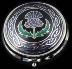 Pill Box In A Scottish Thistle Design. Celtic Glass Designs Presents Sea Gems Stunning Enamelled Pewter Giftware. These Significant And Expressive Gifts Are Ideal For Valentine's Day, Mother's Day, Easter, Christmas, Birthdays, Anniversaries And Specia ..