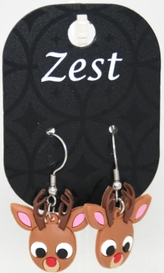 Zest Brown Rubber Christmas Rudolph Earrings - Pierced Ears