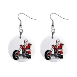 Santa On A Hog Motorcycle Christmas Dangle Button Earrings Jewellery 2.5cm Round 13092967