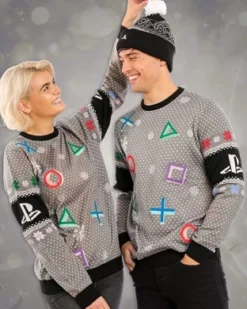 PlayStation Christmas Jumper Ugly Sweater Symbols Grey For Men Women Boys And Girls