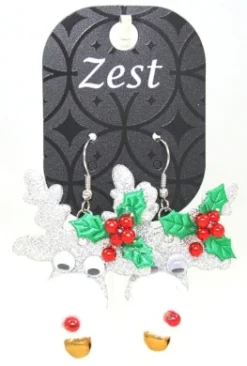 Zest Silver Christmas Rudolph Earrings + Wiggly Eyes & A Bell For Pierced Ears