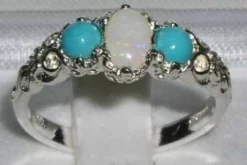 Ladies Solid Sterling Silver Natural Opal & Turquoise English Victorian Trilogy Ring - Finger Sizes L To Z Available - Ideal Gift For For Christmas, Birthday, Valentines Or Mothers Day