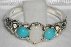 Ladies Solid Sterling Silver Natural Opal & Turquoise English Victorian Trilogy Ring - Finger Sizes L To Z Available - Ideal Gift For For Christmas, Birthday, Valentines Or Mothers Day -J Crew Favour 6 128
