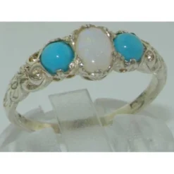 Ladies Solid Sterling Silver Natural Opal & Turquoise English Victorian Trilogy Ring - Finger Sizes L To Z Available - Ideal Gift For For Christmas, Birthday, Valentines Or Mothers Day -J Crew Favour 6 129
