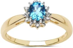 The Blue Topaz Ring Collection: 9ct Gold Small Oval Blue Topaz & Diamond Cluster Engagement Ring, Christmas Day, Valentine's Day Mother's Day Gift, Ring Size H,I,J,K,L,M,N,O,P,Q,R,S,T,U,V …