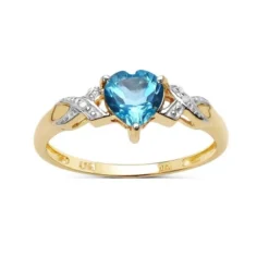 Topaz Ring Collection: 9ct Gold 1.00Ct Heart Shape Swiss Blue Topaz Engagement Ring With Diamond Set Crossover Kiss Shoulders Engagement Ring & Diamond Shoulders,Christmas Day, Valentine's Day