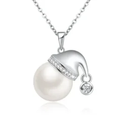 Simple White Freshwater Cultured Pearl Necklaces For Women With Crystals Mini Santa Hat Drop Pendant, Elegant Birthday Gifts For Women, Christmas Jewellery Gifts For Girls, 46cm