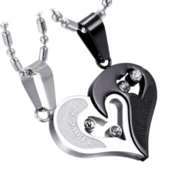 Cupimatch 2-Pieces Men Women Stainless Steel I Love You Heart Rhinestone Puzzle Matching Pendant Couple Necklace Christmas Valentine Gift With 50cm & 55cm Chain