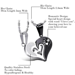 Cupimatch 2-Pieces Men Women Stainless Steel I Love You Heart Rhinestone Puzzle Matching Pendant Couple Necklace Christmas Valentine Gift With 50cm & 55cm Chain -J Crew Favour 6 78